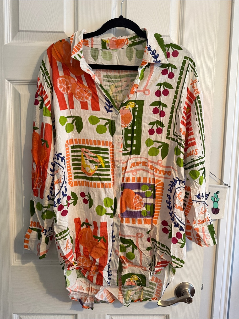 Amazon White Button-Up Mini Dress with Orange, Green and Pink Print